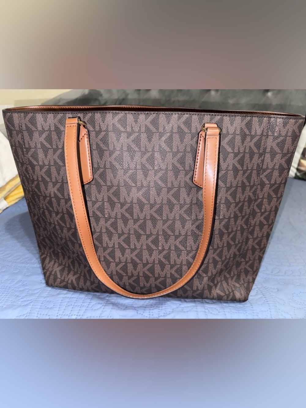 Michael Kors Brown/Tan MK Monogram Tote with Front Pocket - Picture 2 of 10